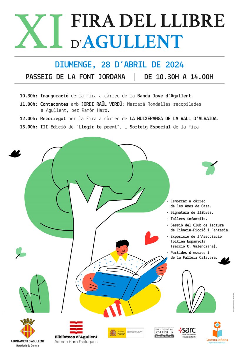 📖 XI FIRA DEL LLIBRE D'AGULLENT 📖
📅 Diumenge 28 d'abril, de 10:30h a 14h, a la Font Jordana. 
Llibres 📚, signatures 📝, música 🥁, contacontes 🗣️, tallers 🧩, esmorzar ☕️ i clubs de lectura 📔 en les més de vint parades!
#llegirtepremi #pactoporlalectura #firallibreagullent