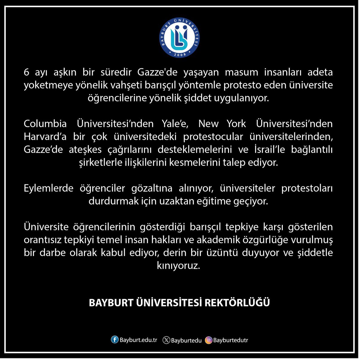 MutluTurkmen's tweet photo. 📢 Rektörlük Açıklaması 🇹🇷🇵🇸

Üniversiteler, hakikati savunmalıdır. Çünkü bilim, yalnızca hakikati öğretir. Öğrenciler ise, hakikati yaşatan kamu vicdanını temsil ederler. Bu nedenle ABD'deki öğrencilerin Gazze'de yaşanan soykırıma ilişkin hakikati haykıran sesleri bastırılamaz! https://t.co/RfL8hU6mbu