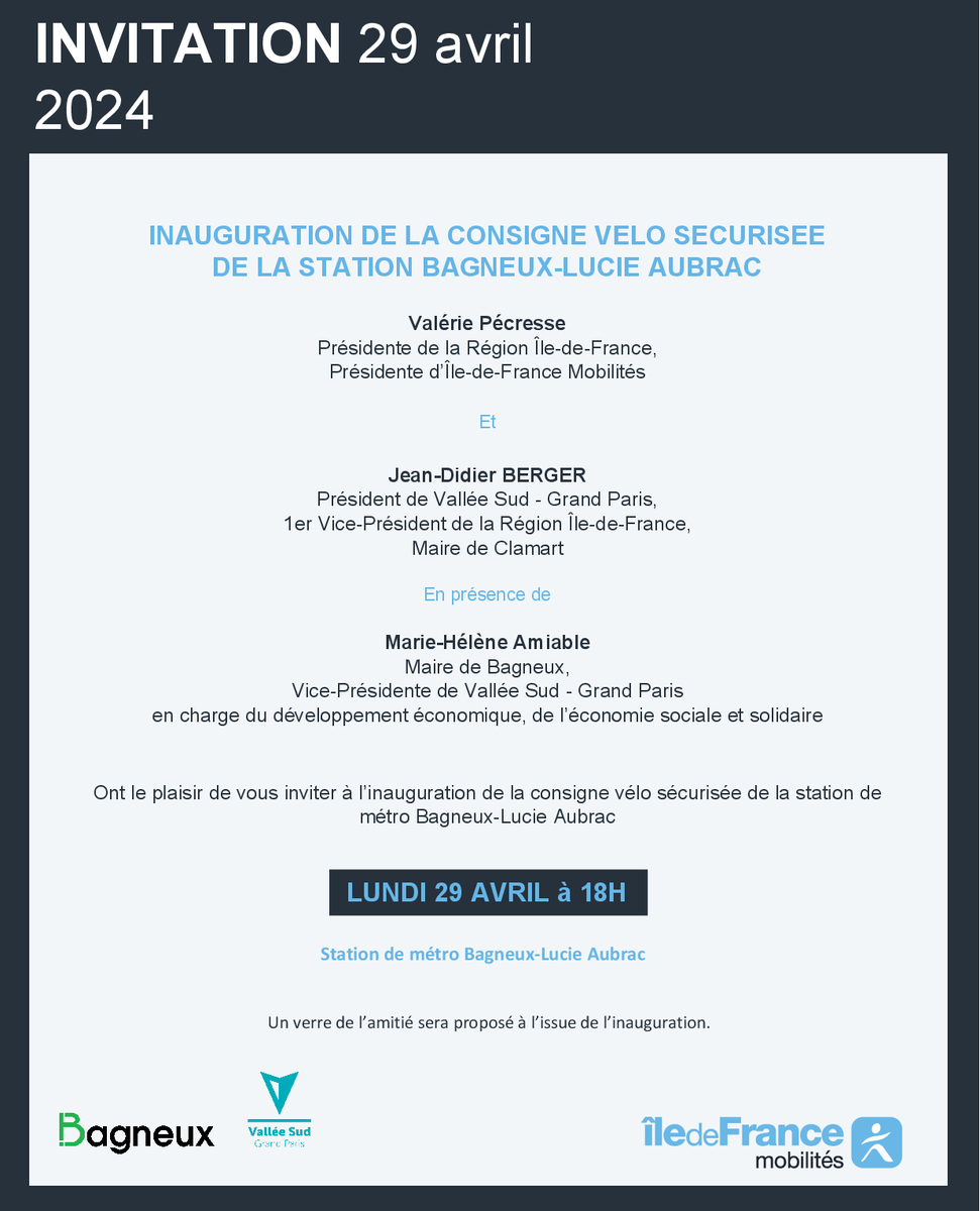 Laissez votre vélo le matin avant de prendre le métro et récupérez-le facilement en revenant grâce à la consigne vélo🚴‍♀️ Inaugurez avec nous le nouveau parking vélo sécurisé, lundi 29 avril à 18h à la station de métro Bagneux-Lucie Aubrac !