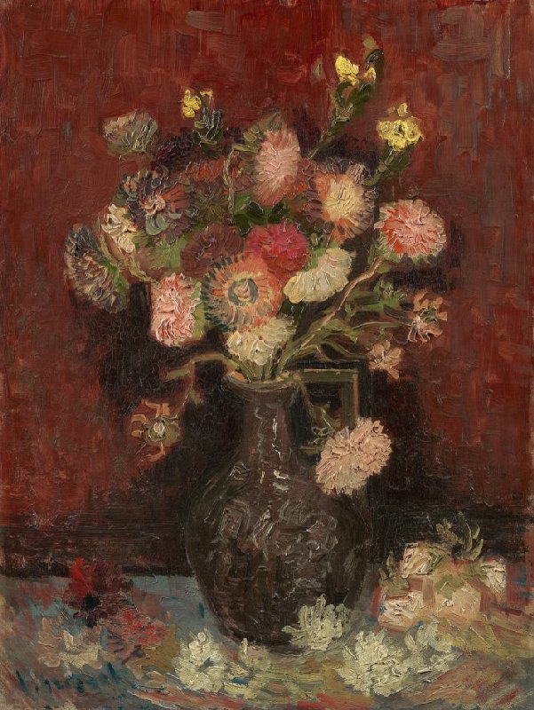 Caution: paint levels reach new heights! 🏔️😉 Van Gogh's abundant use of paint increased after he was inspired by Adolphe Monticelli's vibrant bouquets, crafted with thick paint and bold brushstrokes. This is evident in 'Vase with Chinese Asters and Gladioli', 1886.