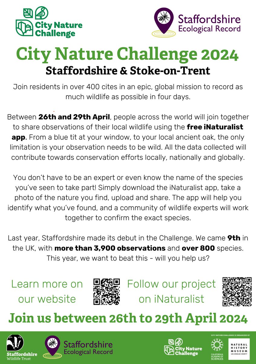 In just over 12 hours the #Staffordshire and Stoke #CityNatureChallenge begins! All you need is the iNaturalist app and an interest in wildlife! See our guide to using iNaturalist: staffs-ecology.org.uk/532-2/ Get involved: staffs-ecology.org.uk/city-nature-ch… @StaffsWildlife @citnatchallenge