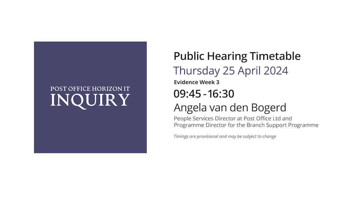 Today's proceedings will begin from 0945. We will hear evidence from Angela van den Bogerd, former People Services Director, Post Office Ltd; Programme Director for the Branch Support Programme Follow the proceedings 👇 youtube.com/live/yrZlswf6V… #PostOfficeInquiry