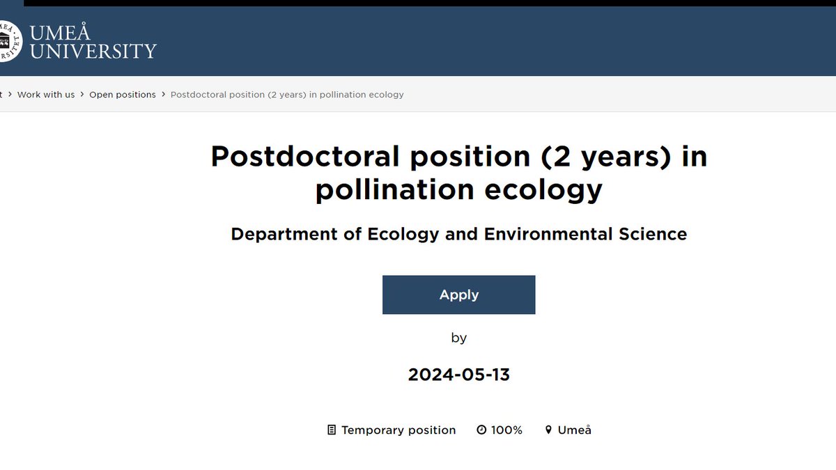 Hey, come work with ecological communities and pollinators! Postdoctoral position (2 years) in pollination ecology For more information, umu.se/en/work-with-u… and contact helena.wirta@umu.se