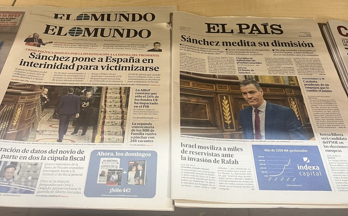 Truly unprecedented. Spanish PM asks for time off to think about his future. Country ponders; does he exit or stay in job? Press split: Sánchez cynically plays victim vs Sánchez emotionally rocked, going after wife red line. Opposition: no such thing as sabbatical in government.