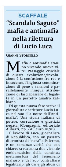 GianniStornello's tweet photo. “La notte dell’antimafia” di @lucio_luca con prefazione di @enricobellavia: un romanzo dove pirandellianamente i protagonisti si scambiano le maschere e la denuncia di un sistema kafkiano. Tutto reale. Su @lasicilia di oggi una mia recensione. #libri #mafia #antimafia https://t.co/qqAfs0w2ht