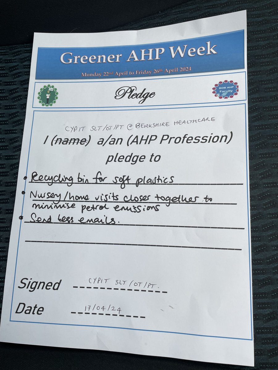 Thank you to @AHPCatherineSLT for sharing her teams pledge marking #GreenerAHPweek and stepping towards #NetZero #Sustainability @AHPsBerksHealth @BHFT