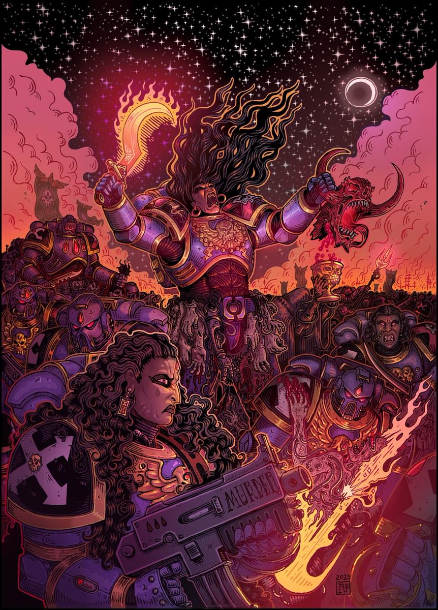 Codex cover themed art for my homebrewed 40k space marine chapter of warrior women, the Sin Eaters! #40kfanart #kali #spacemarines #bloodangels #gamesworkshop #femalespacemarines #internationallesbianvisibiltyweek