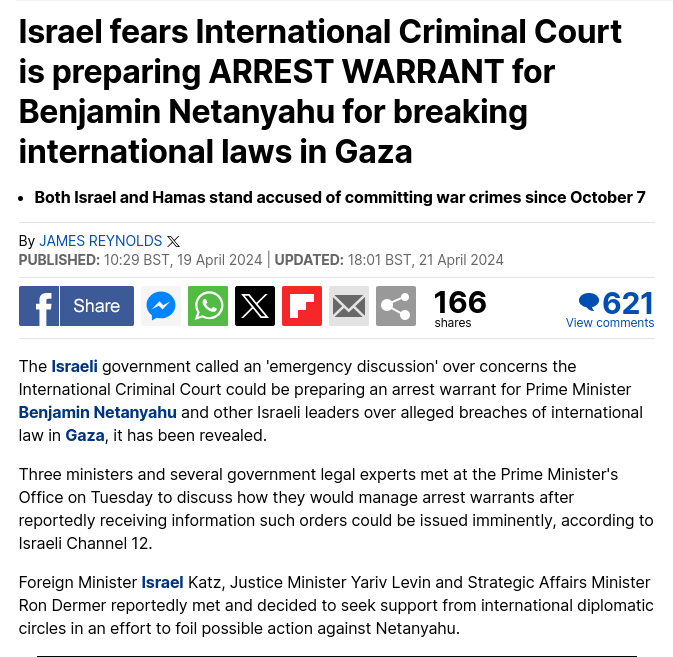 Why no ICC arrest warrant for Netanyahu yet???
ICC is losing credibility.
ICC expediently issued warrants for Putin.
ICC is dragging its feet in view of mounting evidence of war crimes by far worse than in Ukraine, and ICJ ruling of prima facies genocide in Gaza.