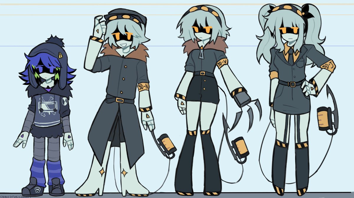 lineup of the main gang with my designs of them :D uzi may vary to her canon design when i draw her btw lol #murderdrones #uzidoorman #serialdesignationn #serialdesignationj #serialdesignationv