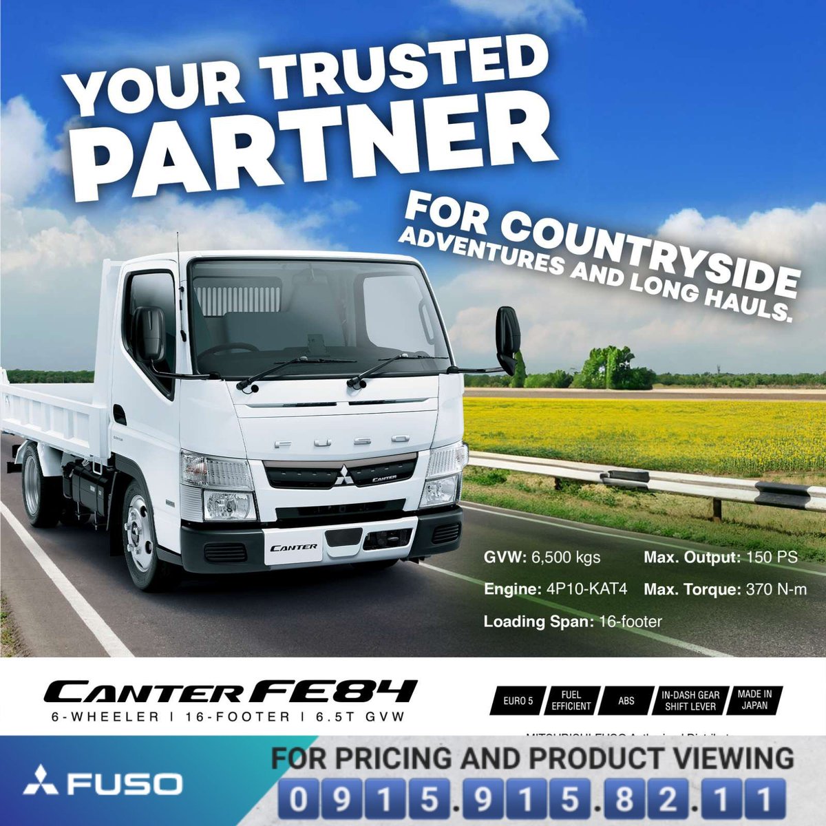 Beat the heat with our FUSO Canter—your go-to for countryside adventures and long hauls! Where to next?

This is for serious inquiry only.
0️⃣9️⃣1️⃣5️⃣.9️⃣1️⃣5️⃣.8️⃣2️⃣.1️⃣1️⃣
or mitsubishifusopilipinas.com/fuso-trucks/

#L300 #Mitsubishi #fuso #canter #TheBestJustGotBetter #LightDutyLegend #HarvestTime