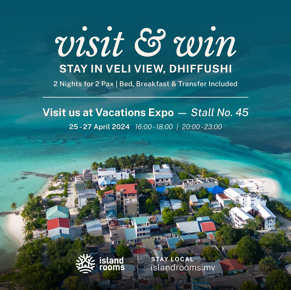 Join us at Vacations Expo from April 25th to April 27th at Central Park Hulhumale'  between 4:00 PM - 6:00 PM and 8:00 PM - 11:00 PM for a chance to win a 2-night stay for 2 adults at Dhiffushi!

#islandrooms #staylocal #maldivesgetaways #visitmaldives