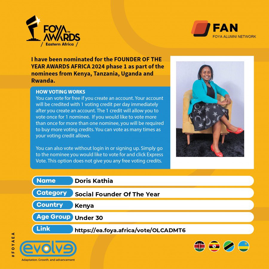 Friends, I have been shortlisted as a nominee for the EVOLVE edition of FOYA Eastern Africa! Please vote for me under the category Social Founder Of The Year - Kindly visit ea.foya.africa/vote/OLCADMT6 to vote Name: Doris Kathia founder Raise Your Voice CBO