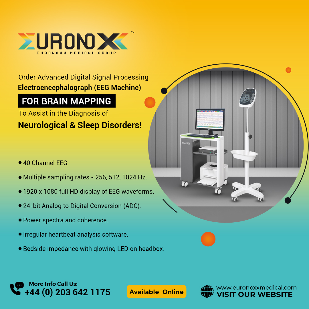 Unlock the power of advanced digital signal processing with our Electroencephalograph (EEG Machine) for precise brain mapping to aid in the diagnosis of neurological & sleep disorders!✨  Order now! #EEGMachine #Neurology #SleepDisorders #BrainMapping #Technology #euronoxxmedical