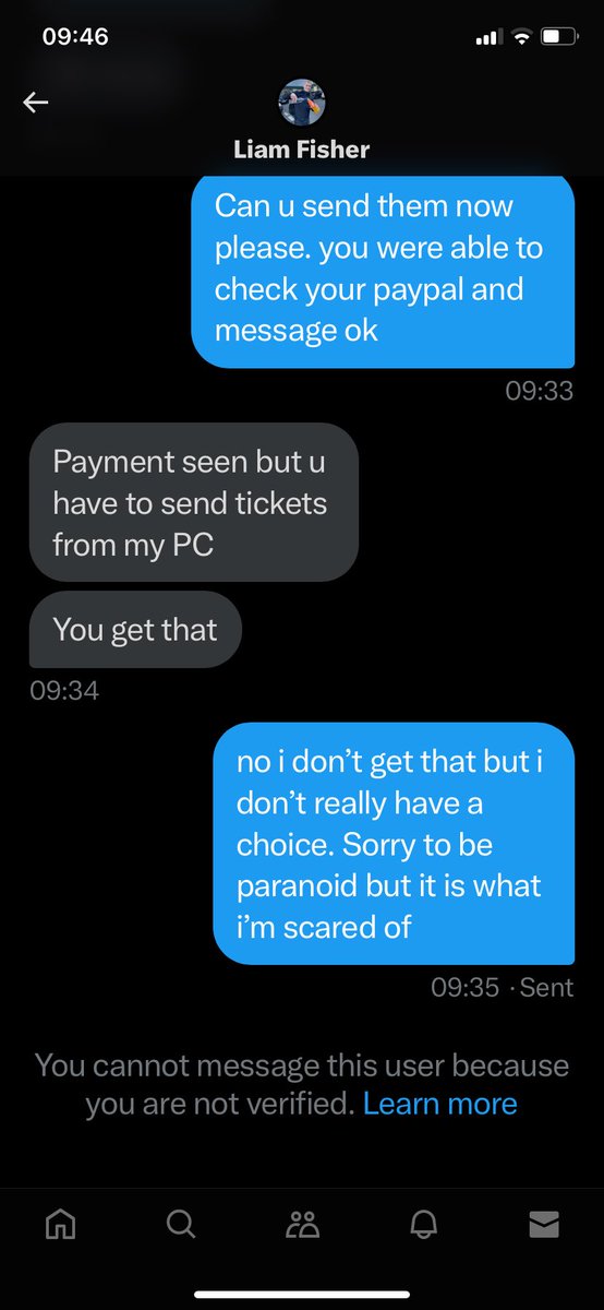 Kylaprior9's tweet photo. @_MrLiamFisher how are you planning on sending me the tickets as i can no longer message you due to you changing the settings. i’ve send you the money and now your not sending me the tickets. i want my money back asap https://t.co/owT91QhD9O