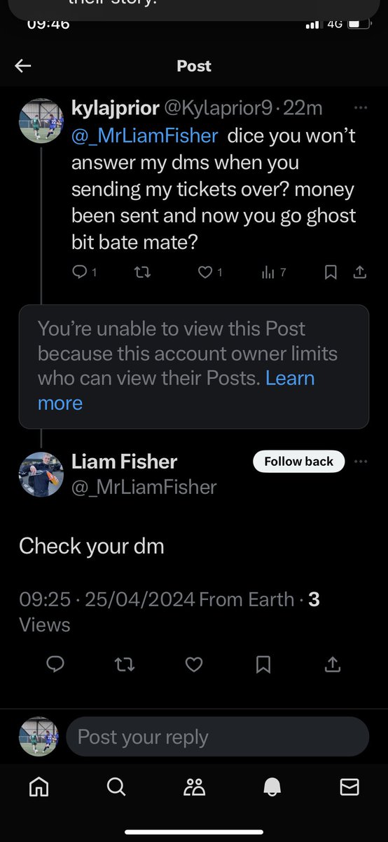 Kylaprior9's tweet photo. @_MrLiamFisher how are you planning on sending me the tickets as i can no longer message you due to you changing the settings. i’ve send you the money and now your not sending me the tickets. i want my money back asap https://t.co/owT91QhD9O