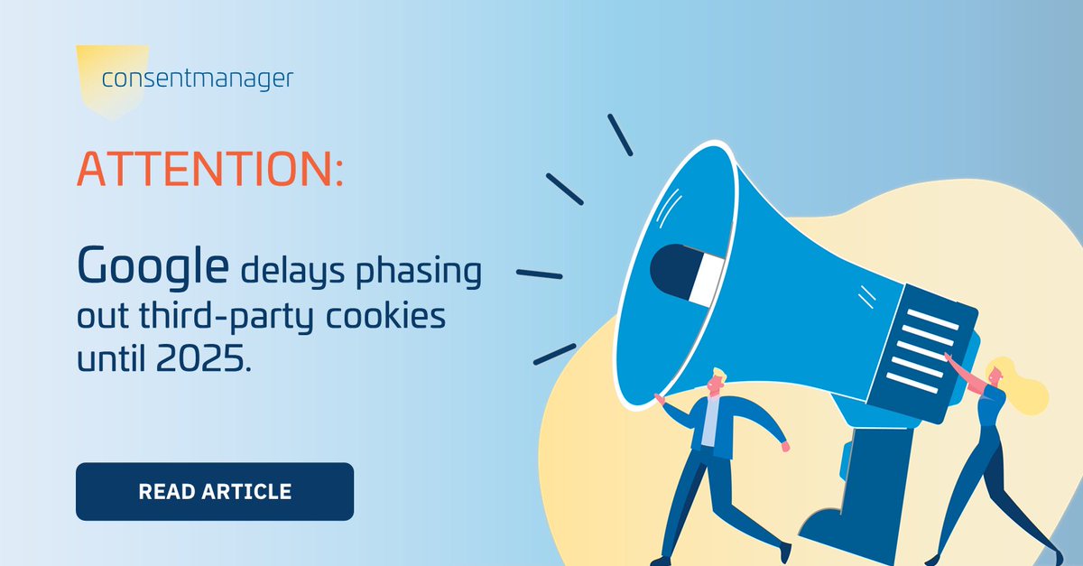 📣 Attention:
 
Google has postponed the deprecation of third-party cookies 🍪 to 2025. 

Check out our latest blog article here 👉: consentmanager.net/knowledge/goog…
 
#cookies #consentmanager #dataprotection #google #dataprivacy #3rdpartycookie