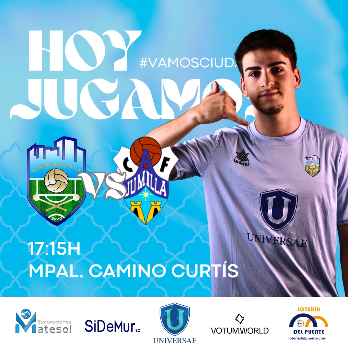 🤪 ¡Como nos gustan los sábados de 𝑪𝒊𝒖𝒅𝒂𝒅 𝒅𝒆 𝑴𝒖𝒍𝒂!

🆚 Jumilla Atlético CF.
🗓️ Sábado 27 de abril.
⏰ 17:15h.
🏟️ Municipal Camino Curtís.
🎫 Público general: 3€.
🆓 Abonados y menores de edad GRATIS.

#VamosCiudad 🩵