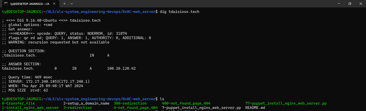TyNaira4L's tweet photo. Days 29 & 30 of #100DaysOfALXSE.
I configured an nginx server to perform custom functions as well as automated the process using puppet.
Next, I got a .tech domain for hosting my websites.
I also created DNS records for lookups.
#ALX is priming my DevOps and coding skills.
#DHTs https://t.co/u6AKNWE8Mx