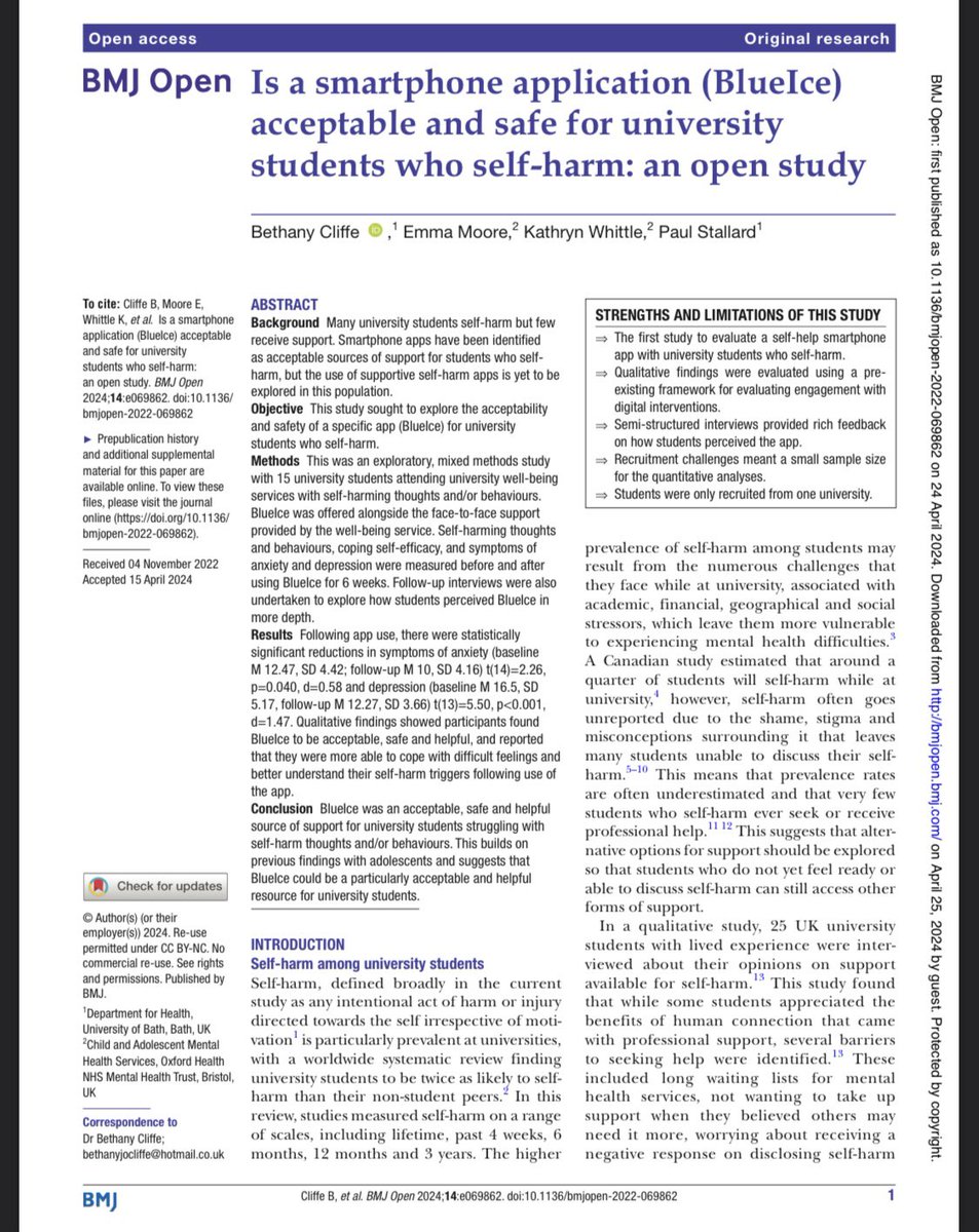 Very excited that the last remaining paper from my PhD has now been published! Lockdown made recruitment very challenging for this but I’m still very proud of what we were able to do given the circumstances.
bmjopen.bmj.com/content/14/4/e… 

#digitalinterventions #mhealth #selfharm
