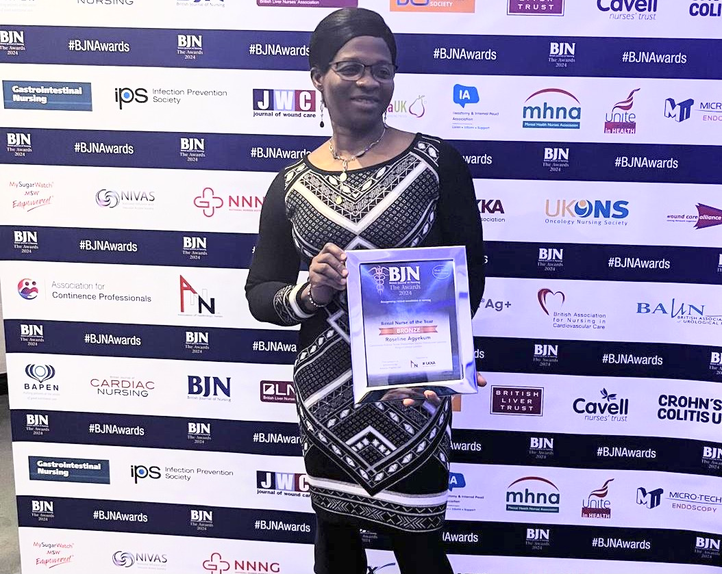 🎉 Congrats to Roseline Agyekum, Community Kidney Nurse Researcher at King's, for winning bronze at the @BJNursing awards! 👏 Her screening initiative, with over 1,500 participants, tackles kidney inequalities in African & Afro Caribbean communities! ➡️ bit.ly/4dejGdb