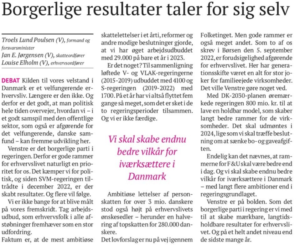 Forleden blev vi af @JuulMona anklaget for blot at snakke. I @borsendk nævner @troelslundp, @LouiseElholm + @JanEJoergensen nogle af de gode resultater for #dkbiz: +29.000 i arbejdsudbud, lavere skat for tre mio. danskere og meget mere. Det er ikke bare snak.