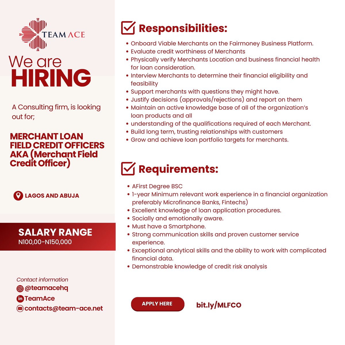 Job Opening!
See flyer for details. 

Qualified and interested? 

Apply here 👇🏽
bit.ly/MLFCO

#Arsenal #Binance #jobopenings #jobopportunities #hiringnow #jobsinabuja #jobsinlagos #teamace