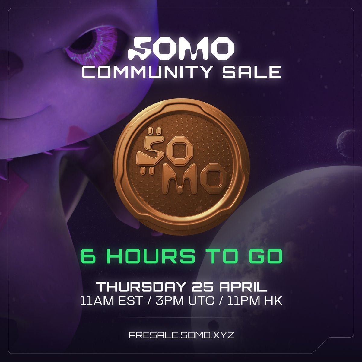 6 Hours remain till the $SOMO sale. Become a part of the next generation's Pokémon. $SOMO is your ticket to the most immersive universe yet. Only at presale.somo.xyz. Be early for your best chance.