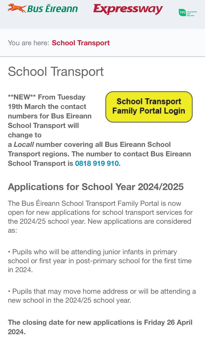 Reminder to all parents that the closing date for applying for school transport for 2024/25 is tomorrow. buseireann.ie/inner.php?id=2…