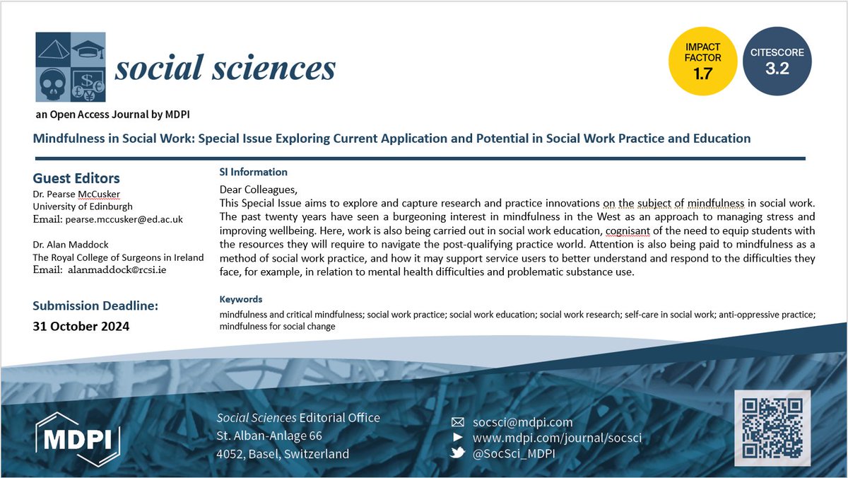 📚Explore and contribute with new #research and insights on the intersection of #social work and #mindfulness in our Special Issue led by @AlanMaddock1 and @pearsemac: mdpi.com/journal/socsci… #SocialWork #TransformativePractices #CommunityImpact