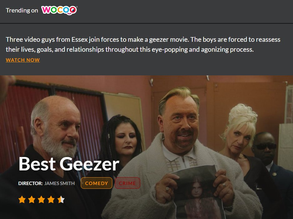 cspenceproducer's tweet photo. The rating on the @Wocootv channel has gone up from 2 star to 4.5 stars. Nice!😎
#BestGeezerMovie #StreamingNow #TrendingNow https://t.co/oPwXjwx8We