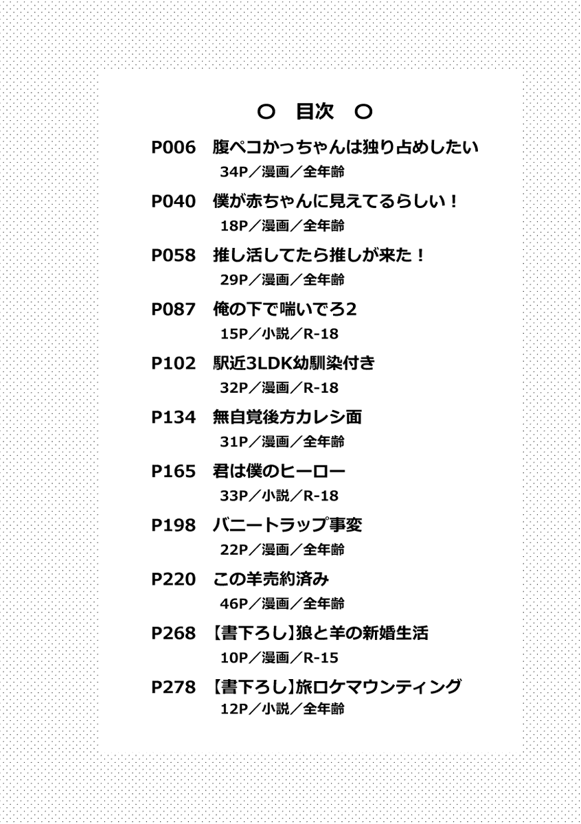 【5月おさごよ新刊💥🥦再録】28→32RERECORDING!!/R-18/292P/会場価格2000円/収録作品の詳細は裏表紙・サンプルの目次を参照下さい。
書下ろし漫画は新⑩傑番外編ほか漫画13Pと、旅番組ロケをするプ□ヒ💥🥦小説12P 