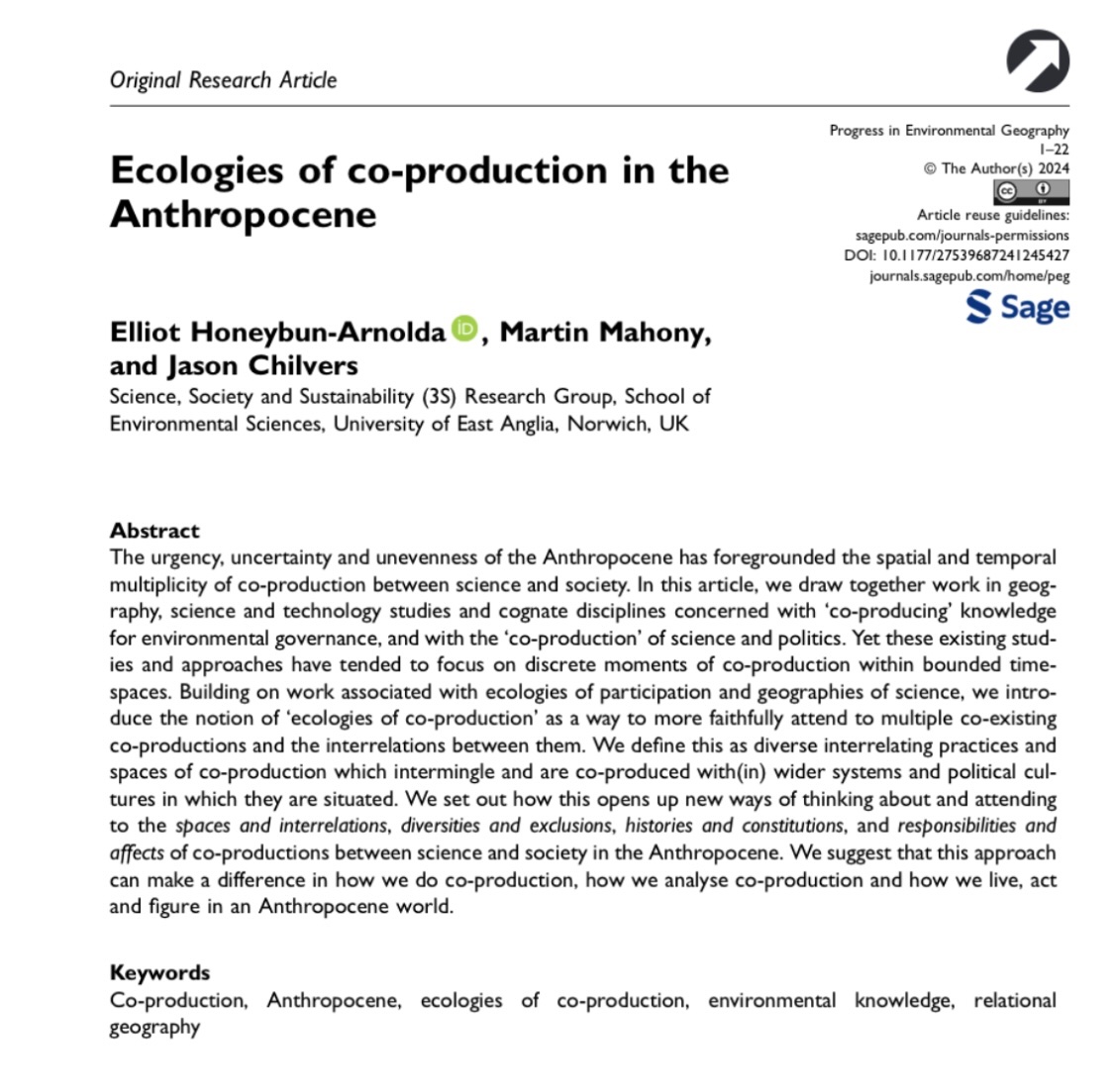 Truly delighted to share that our new paper ‘Ecologies of Co-production’ was published open access today in @progenvgeog. The paper builds on the theoretical + conceptual approach I used during my PhD work @jasondchilvers @3SResearchGroup journals.sagepub.com/doi/10.1177/27…