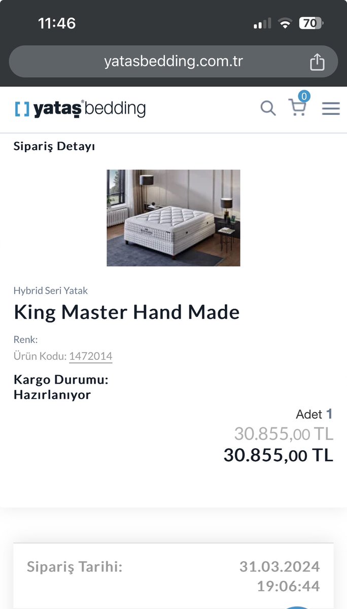 @yatasbedding Yatağın parasının ödenip sipariş verildiği tarih 31 Mart üzerinden geçen gün sayısı 25 ama daha “hazırlanıyor”
Keyifler yerine gelirse hazırlanıp kargoya verilecek inşallah, onların da keyifleri yerine gelirse teslim edilecek şöyle bir işimiz olamadı bir türlü…