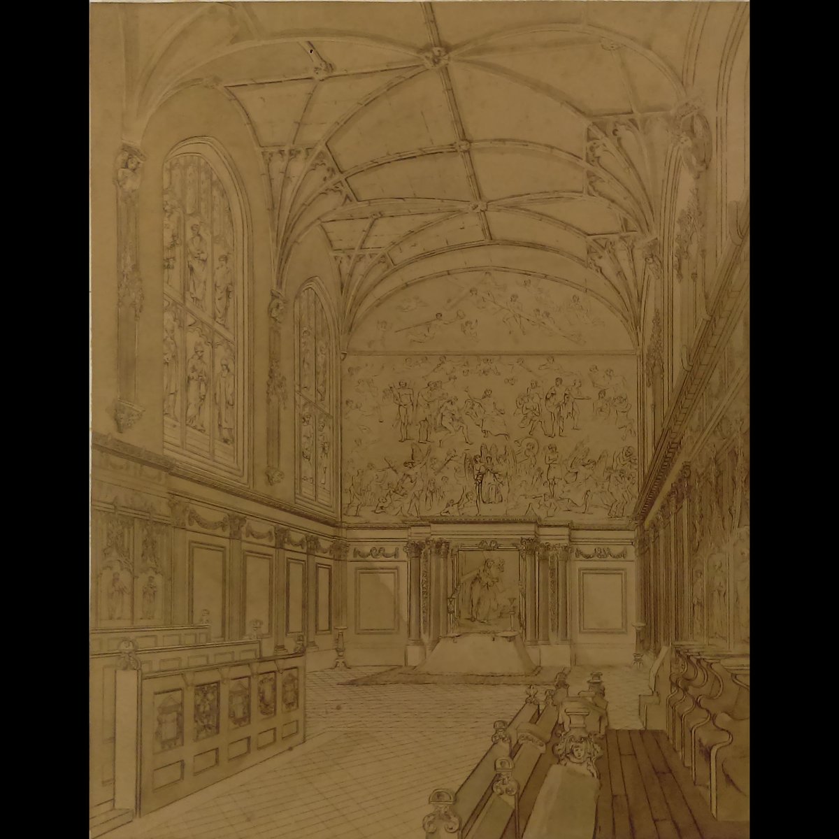 Today is the 550th anniversary of the laying of the foundation stone of @MagdCollChapel. Here we have drawings by G. Cooper showing the chapel interior as it was in 1817, following James Wyatt’s restoration work in the 1790s. 1/2