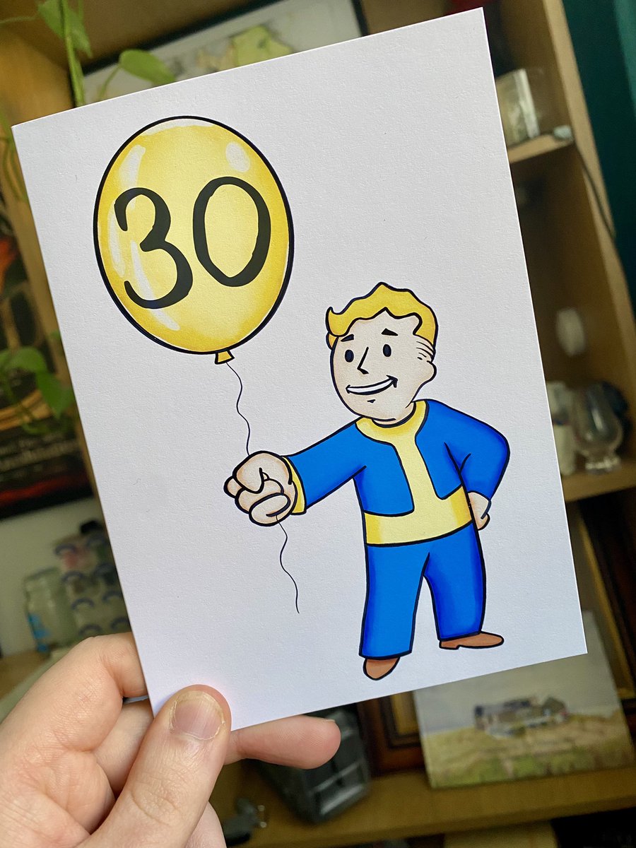 Fallout inspired Vault Boy birthday card! Personalise it by printing your recipient’s age onto the wee balloon! 👌 shimmusstudios.etsy.com/listing/170661…