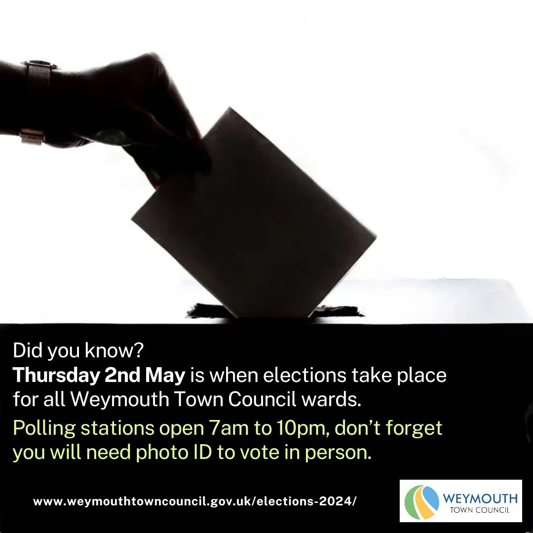 🗳️ One week to go until elections on Thursday 2nd May for all Weymouth Town Council wards. Don't forget you will need to bring photo id to the polling station. For more information on the upcoming elections visit 👉🏼 orlo.uk/6pezB