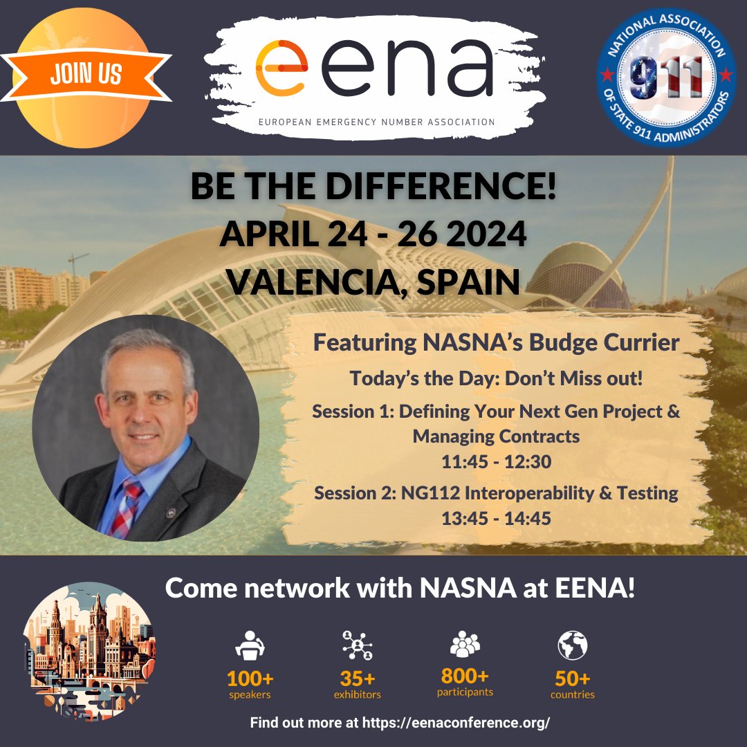 nasna911's tweet photo. Today at #EENA2024! 11:45 AM: Dive into RFP and vendor management with NASNA's Budge Currier. 13:45 PM: Explore NG112 interoperability. Join us in Auditorium 1 for crucial insights! #WeAreNASNA #HumansOf112 #EENA https://t.co/FRIGrFx5YL