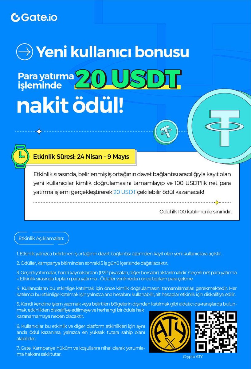 #Gateıo’dan efsane kampanya yeni kullanıcılara 20 #USDT kayıt ödülü Buradan Kayıt Ol KYC Yap go.gate.io/w/dqokh4Nt 100 USDT depozit yap etkinlik bitimine kadar tut etkinlik bitiminden 5 gün sonra 20 #USDT nakit ödül çekilebilir. #bitcoin #airdrop #bonus