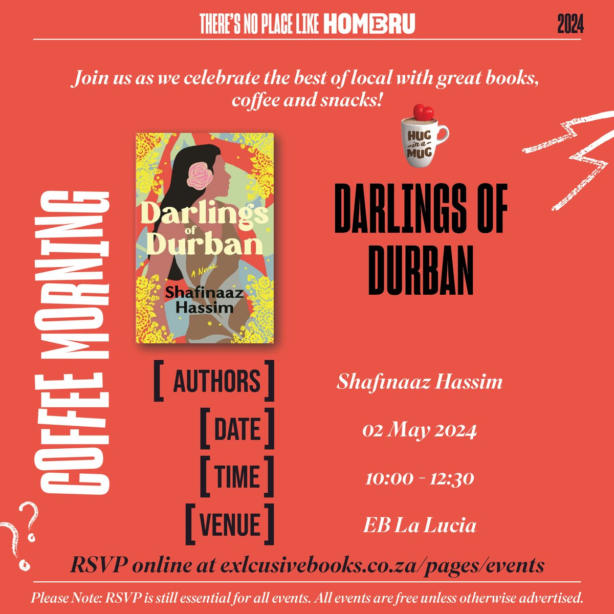 📍🗓️ Join us at EB La Lucia Mall for a Homebru Coffee Morning with Shafinaaz Hassim, author of Darlings of Durban! @NBPublishers @shafinaaz 📩 RSVP ONLINE: exclusivebooks.co.za/pages/events?e…
