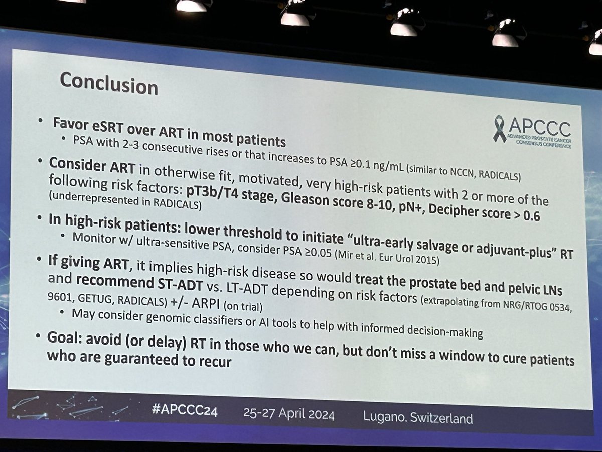 Jason Eftathiou’s very reasonable conclusion on adjuvant or salvage radiotherapy for #ProstateCancer in high risk patients at #APCCC24.