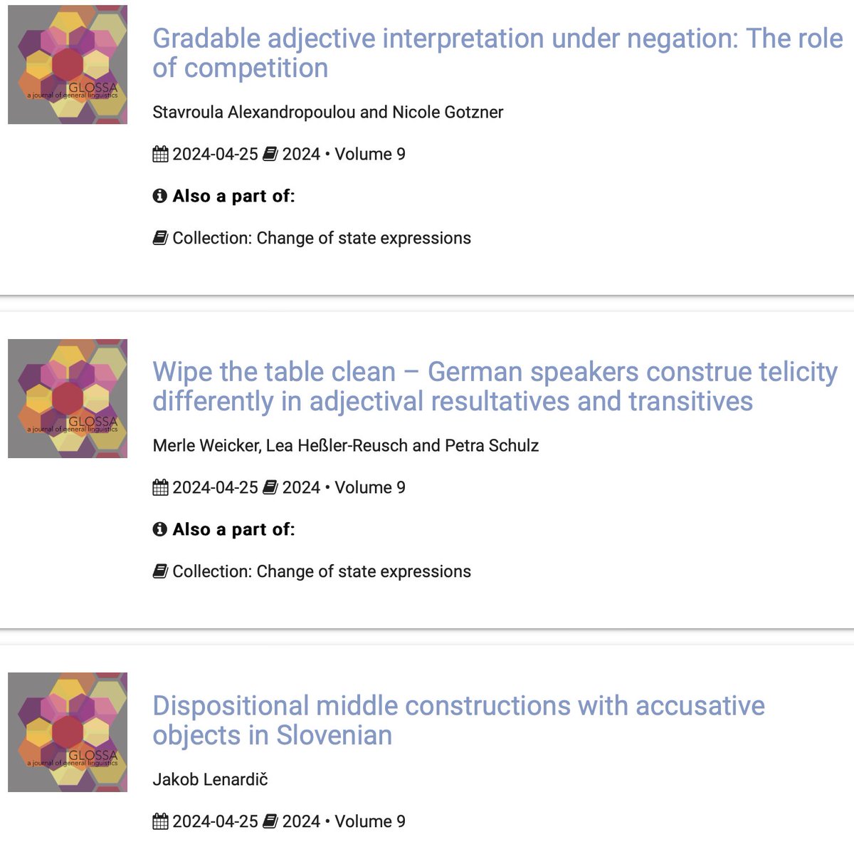 3 new #DiamondOpenAccess papers published in @glossa_oa. Find them at glossa-journal.org/articles/ Powered by the @janeway_systems platform, copy-edited and typeset by @siliconchipsuk, & financially supported by the scholar-owned consortial library model of @openlibhums.