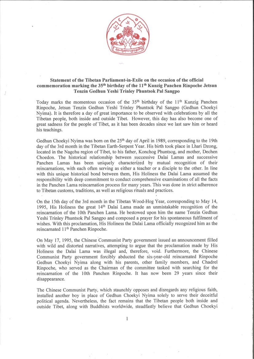Tibparliament's tweet image. Statement of the Tibetan Parliament-in-Exile on the occasion of the official commemoration marking the 35th birthday of the 11th Kunzig Panchen Rinpoche Jetsun Tenzin Gedhun Yeshi Trinley Phuntsok Pal Sangpo.

#TibetanParliamentinExile #PanchenLama