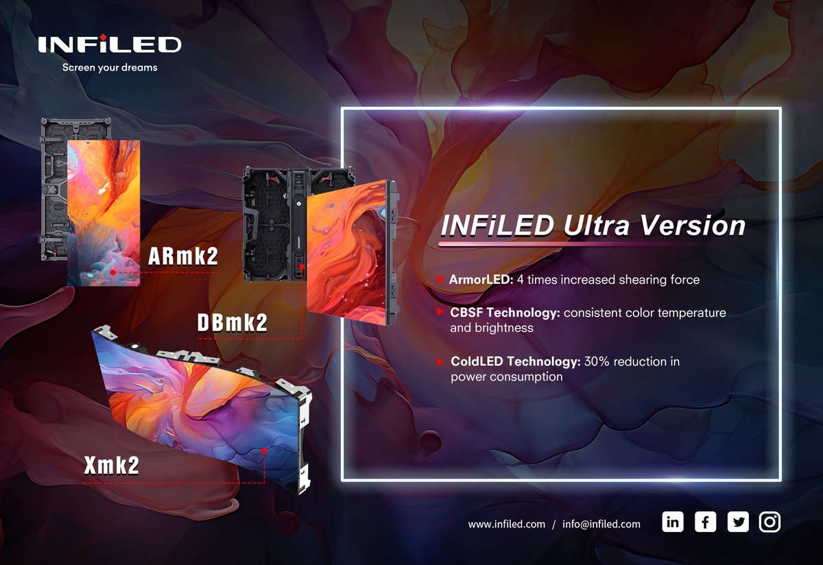 infiledcom's tweet photo. We are thrilled to unveil the new Ultra version, now integrated into the DBmk2, Xmk2, and ARmk2 product series. The Ultra version features the revolutionary INFiLED ArmorLED, CSBF technology and ColdLED technology .
#ArmorLED #CBSF #ColdLED #INFiLED https://t.co/6YQuwInOFb