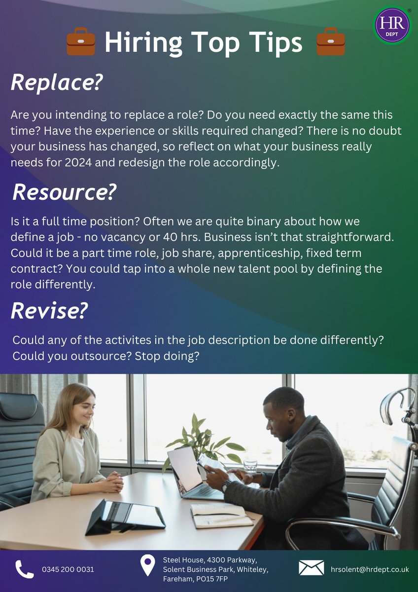 Our three hiring top tips ❗

1. Replace

2. Resource

3. Revise

Read more below 👇🏼

#businessmanagement #businessadvice #hrconsultancy #hr #smesupport #smebusiness #portsmouth #fareham #whiteley #southampton #businessowners #b2bservices