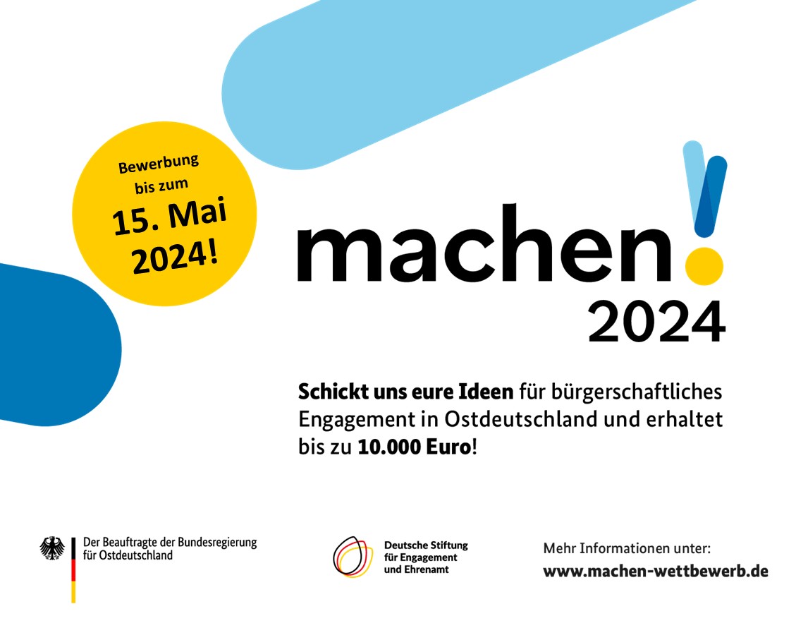 Mit dem Wettbewerb “machen!2024” würdigen @Ostbeauftragter Carsten Schneider und die @D_S_E_E das vielfältige Engagement in Ostdeutschland. Bis zum 15. Mai bewerben unter machen-wettberwerb.de #engagiert #Zivilgesellschaft #EngagierteStadt #EngagiertesLand