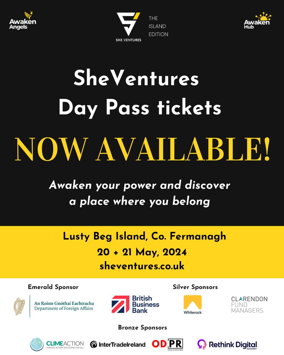 Founder of a female led business on the Island of Ireland? Available May 20th &amp; 21st?

Taking part on Lusty Beg Island check out the SheVentures Summit via <a href="/AwakenHub/">AwakenHub</a> <a href="/AwakenAngelsHQ/">AwakenAngels</a> 

Day passes available to now buy! Check out all the info &amp; speakers &gt; sheventures.co.uk