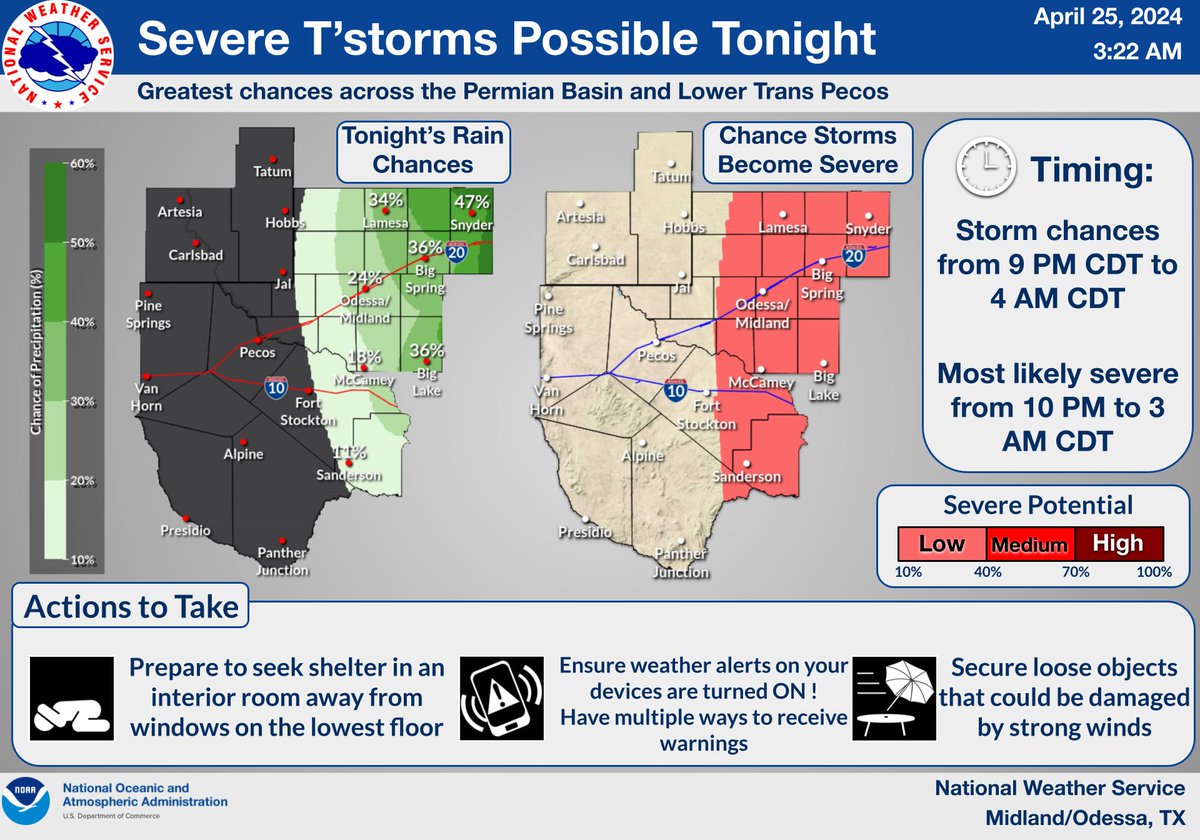 🌩️Severe Weather Tonight!⚠️ Heads up ya'll! Thunderstorms with a low chance of severe weather are possible again tonight. Most of these thunderstorms will occur well after dark. Ensure you have your alerts set to on and multiple ways to receive them overnight! #nmwx #txwx