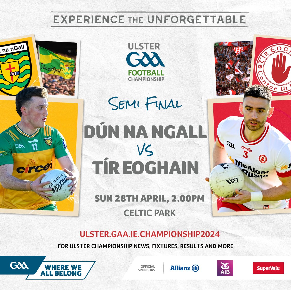 🎟️ Tickets are now on sale online for Sunday’s Ulster Senior Football Championship Semi Final at Celtic Park. @officialdonegal 🟨🟩 v @TyroneGAALive ⬜️🟥 Throw-in: 2pm Buy here 👉 ticketmaster.ie/ulster-senior-…