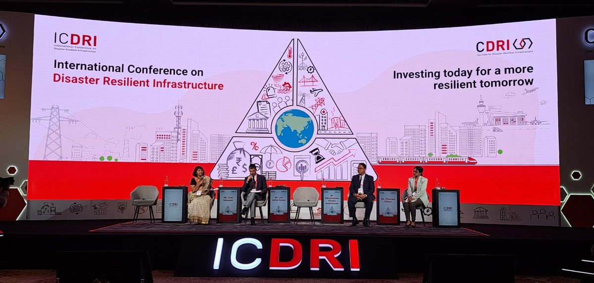 The #ICDRI2024 session on 'Safeguarding Investments in #DRI through Strengthened Governance' has begun. Moderated by @urmigoswami, it sheds light on opportunities for achieving #resilientinfrastructure, and highlights good practices & tools developed by @UNDRR & @cdri_world.