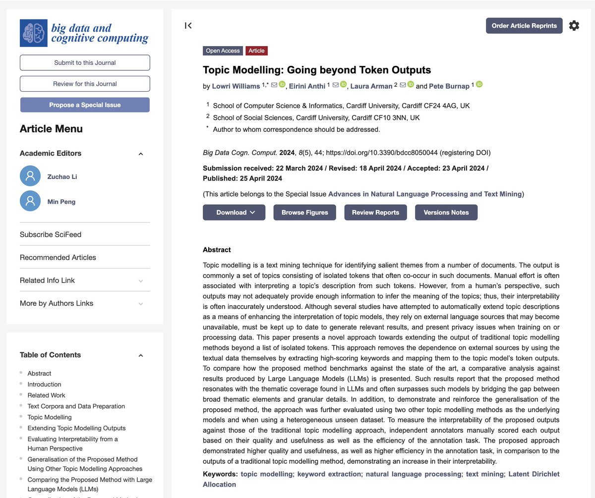 Our 3rd this month! 'Topic Modelling: Going Beyond Token Outputs' was just published in <a href="/BDCC_MDPI/">BigDataCogn.Comput.</a> 's special issue, Advances in NLP and Text Mining! 🤩📰 

shorturl.at/yIKOT

Thanks to <a href="/_SimplyDo/">Simply Do</a> who supported the initiation of the work🧠

<a href="/IreneAnthi/">Dr Irene Anthi</a> <a href="/pbFeed/">Prof. Pete Burnap</a> <a href="/laurarman/">Laura Arman</a>